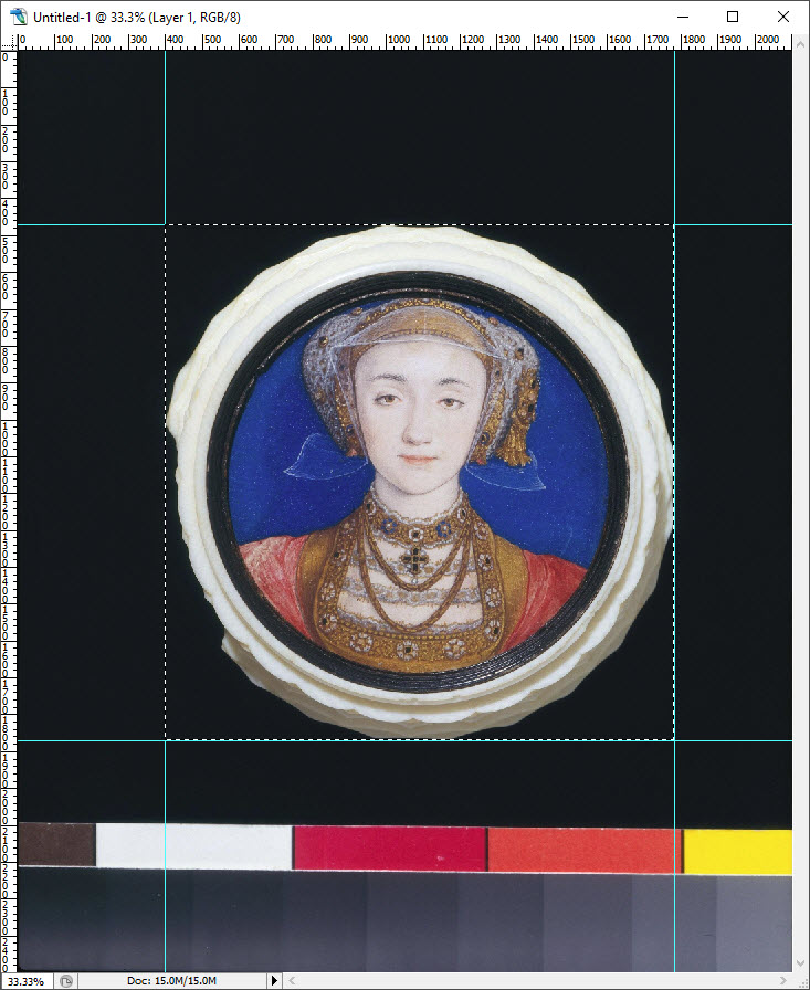 The Anne of Cleves image opened in Photoshop, 
showing the rectangle occupied by the miniature in the photograph