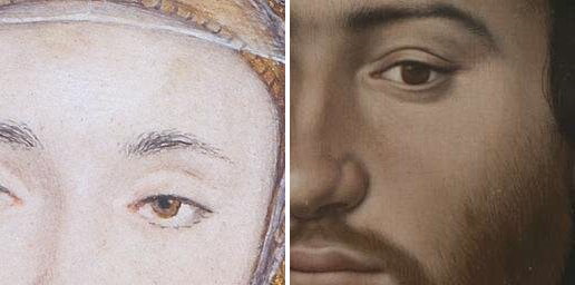 Details of faces from the two paintings at the maximum resolution.
         The faces appear to be the same size